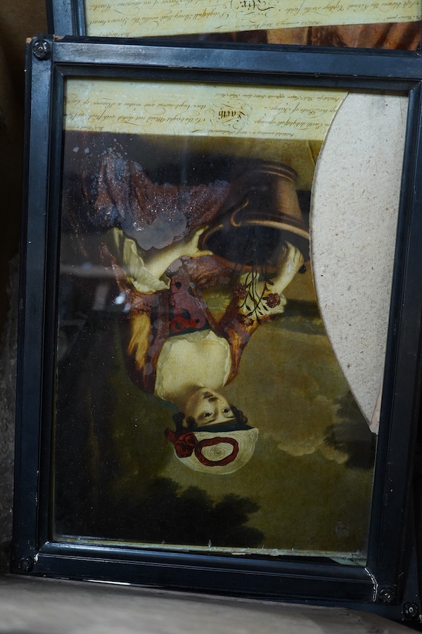 Five 19th century reverse glass painted prints to include after Amiconi, ‘See Europe Here!’, printed for and sold by B. Sayer, London, two damaged, framed, overall 41 x 30cm